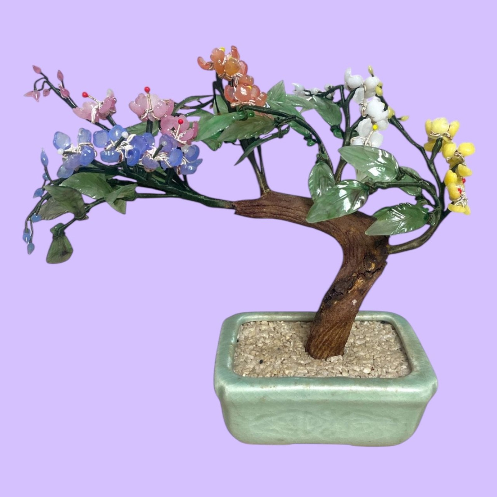 Glass Jade Bonsai Tree Sculpture Multicolor Flowers Celadon Pot 9 Inch