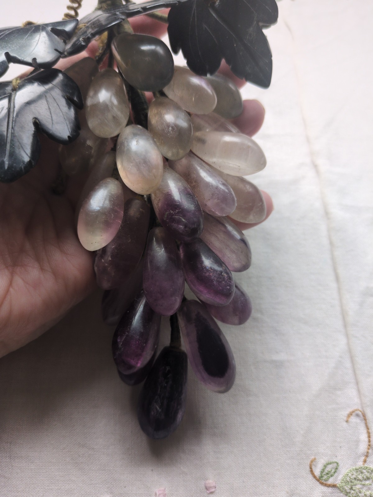 Vintage Chinese Carved Rose-Quartz, Amethyst Grape Cluster With Jade Leaves 7″