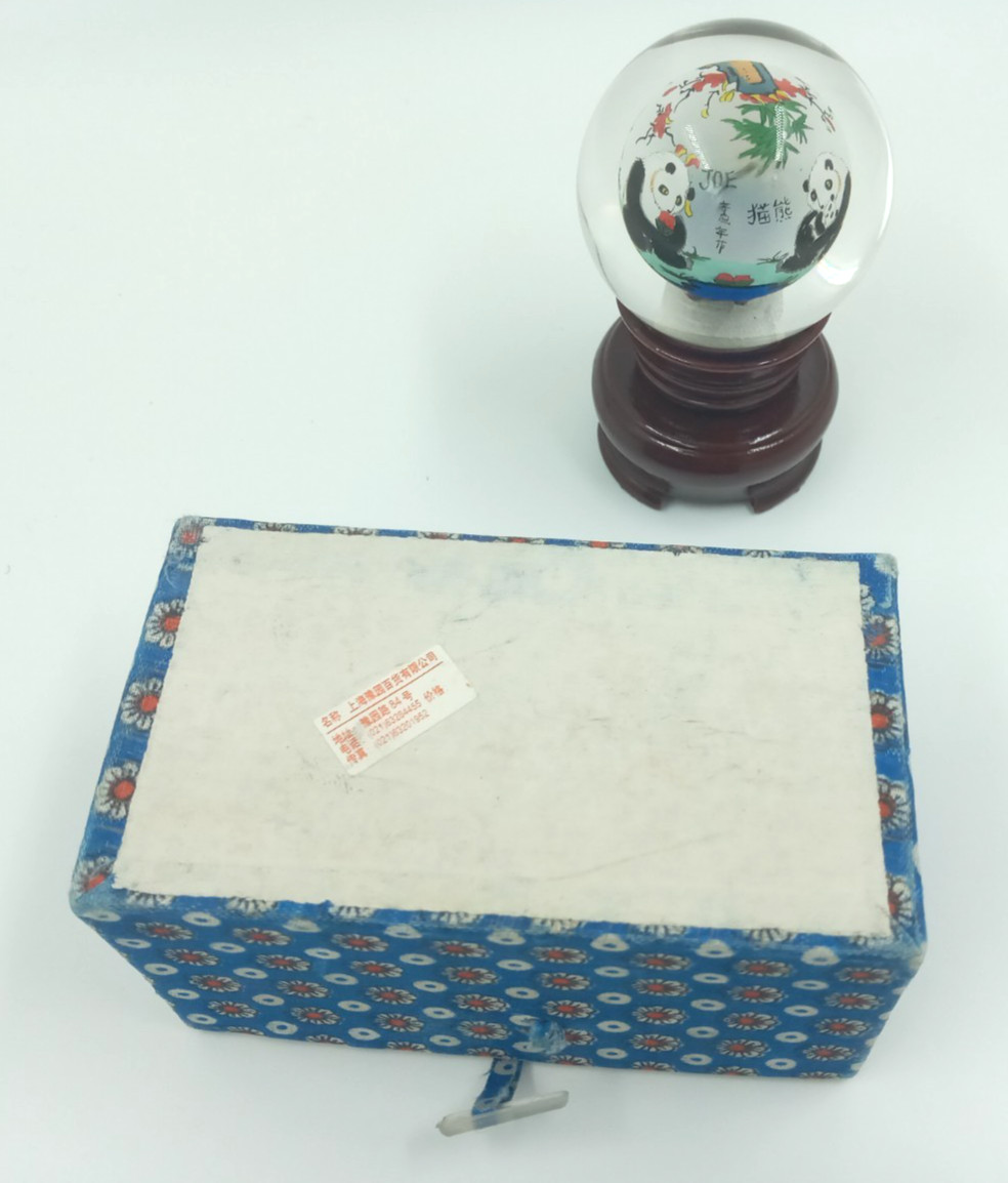 Vintage Reverse Chinese Glass Ball Pandas Paperweight Hand Painted With Stand
