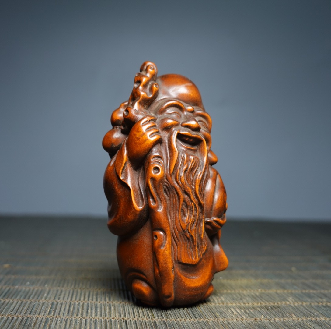 3.1″ Collect China Box-wood Carving Buddhism Longevity God Statue