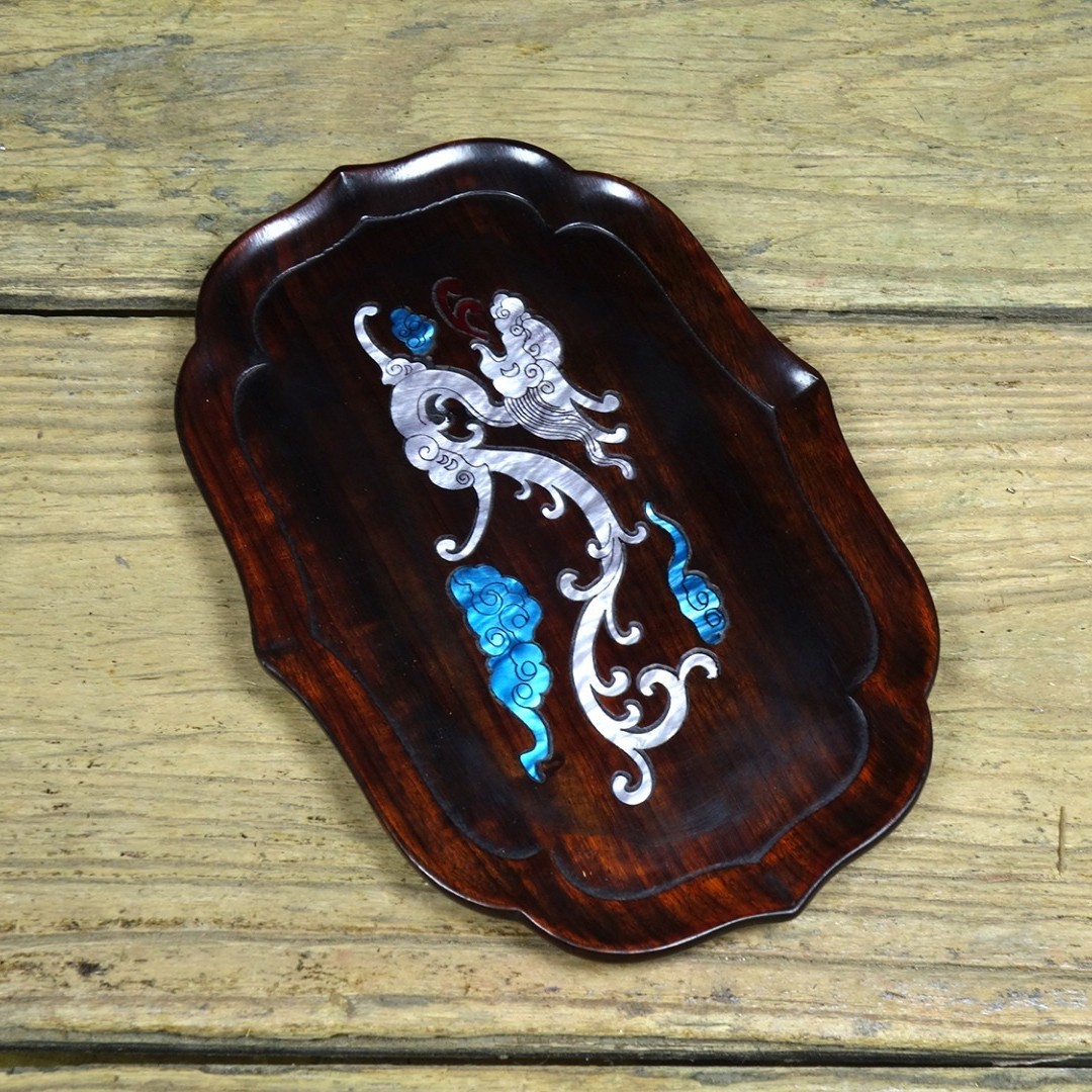 Vintage Sandalwood Inlaid Abalone Dragon Tea Tray Decor 18.5cm