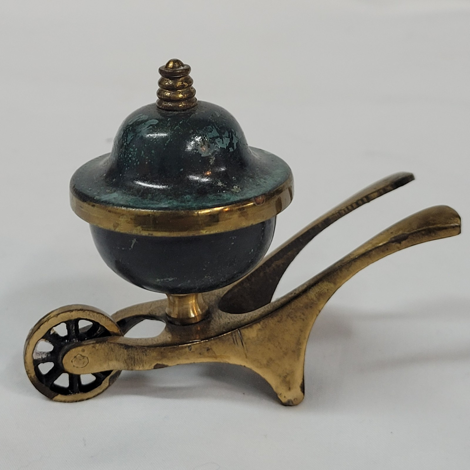 Brass Wheelbarrow Cart Lidded Incense Burner / Trinket Box – Green Marbled