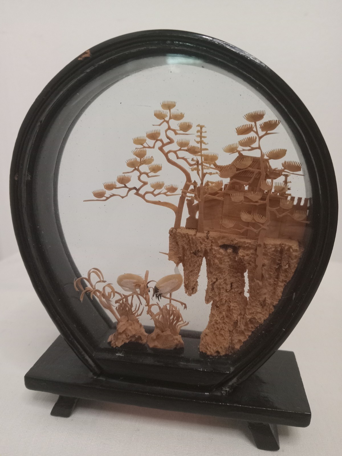 Vintage Hand Carved Cork Asian Diorama Black Lacquer Display 3.25″ Cranes 1960s