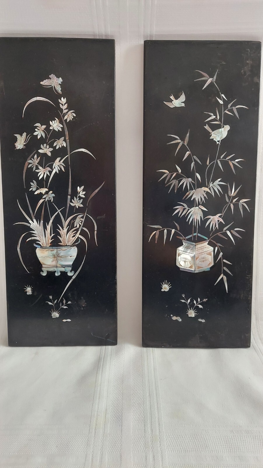 2 VTG Asian Mother of Pearl Floral Birds & Butterflies Wall Panels 15″x6″ (U14)
