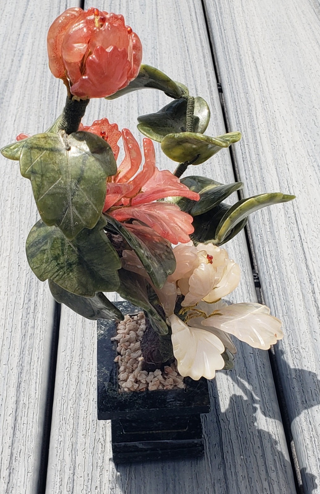 Vintage Stone Chinese Bonsai Tree (Jade Leaves, Pink Quartz Flowers, Jade Base)