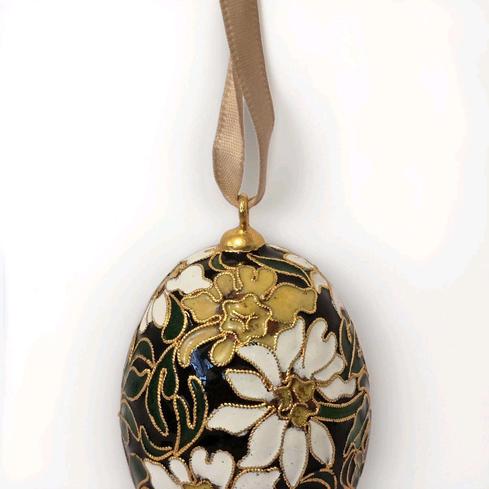 Vintage Black, White and Gold Floral Enamel Cloisonné Chinese Egg
