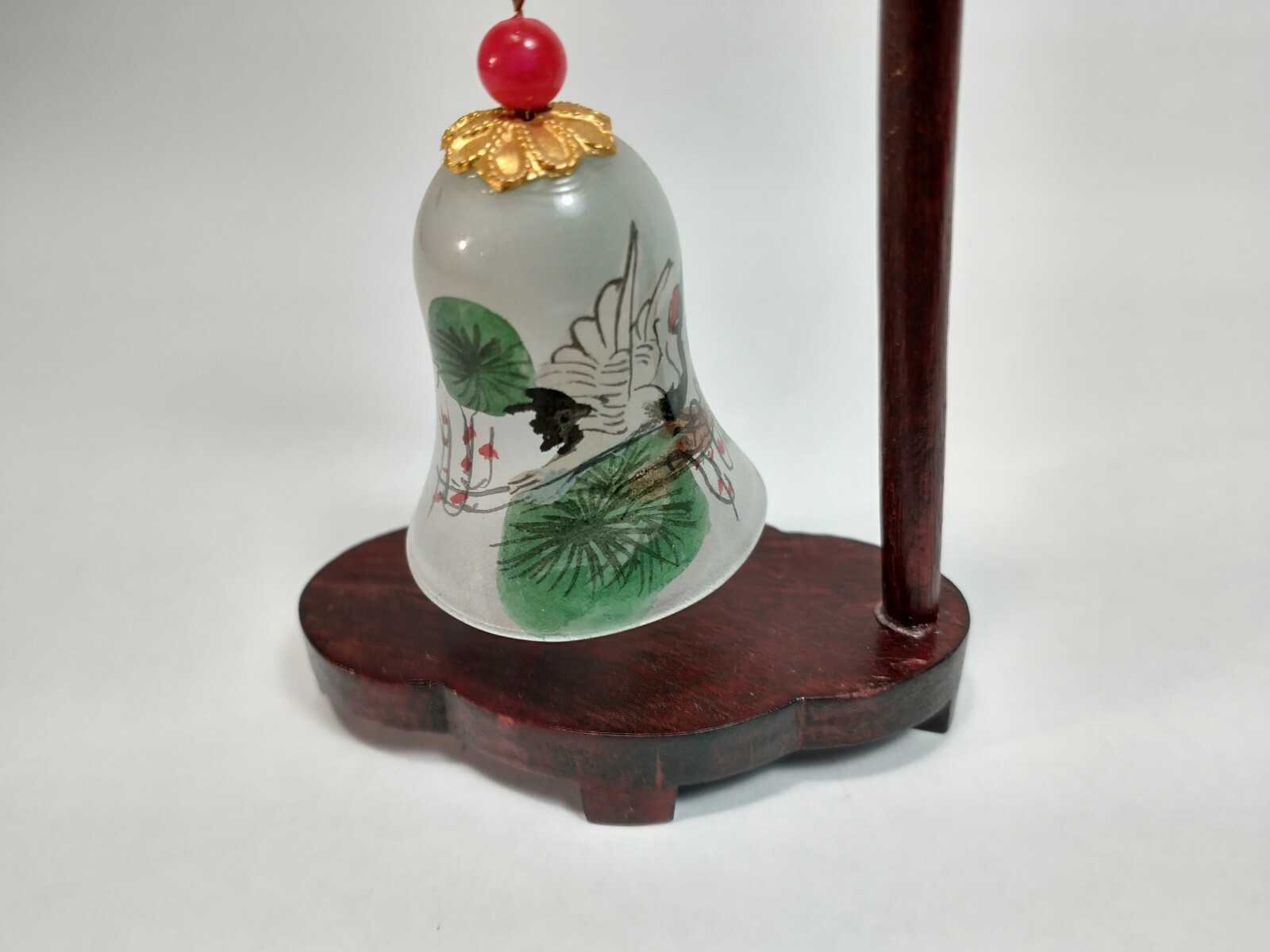 Chinese Asia Reverse Painted Glass Bell w/ Wood Dragon Stand Crane Birds Design