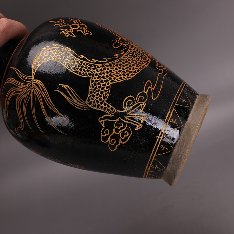 12.1″ Chinese Song Porcelain Jun Kiln Black Glaze Gild Animal Dragon Gourd Vase