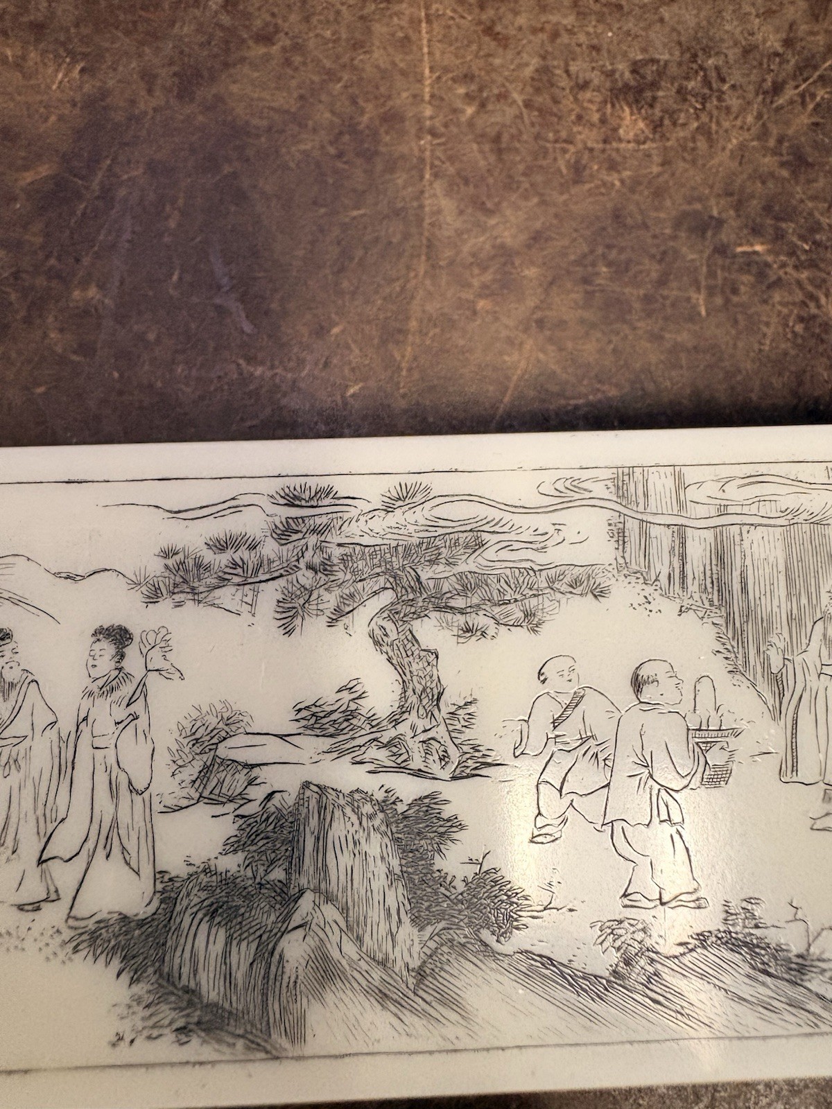 Chinese Rectangular Porcelain Plaque Ink Landscape Figures Calligraphy Red Seals
