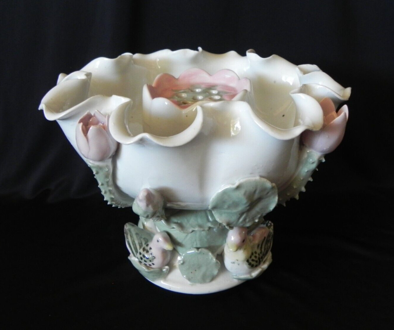 Blanc de Chine White Lotus Lily Pad Ducks FLOWER FROG Porcelain Pedestal Bowl