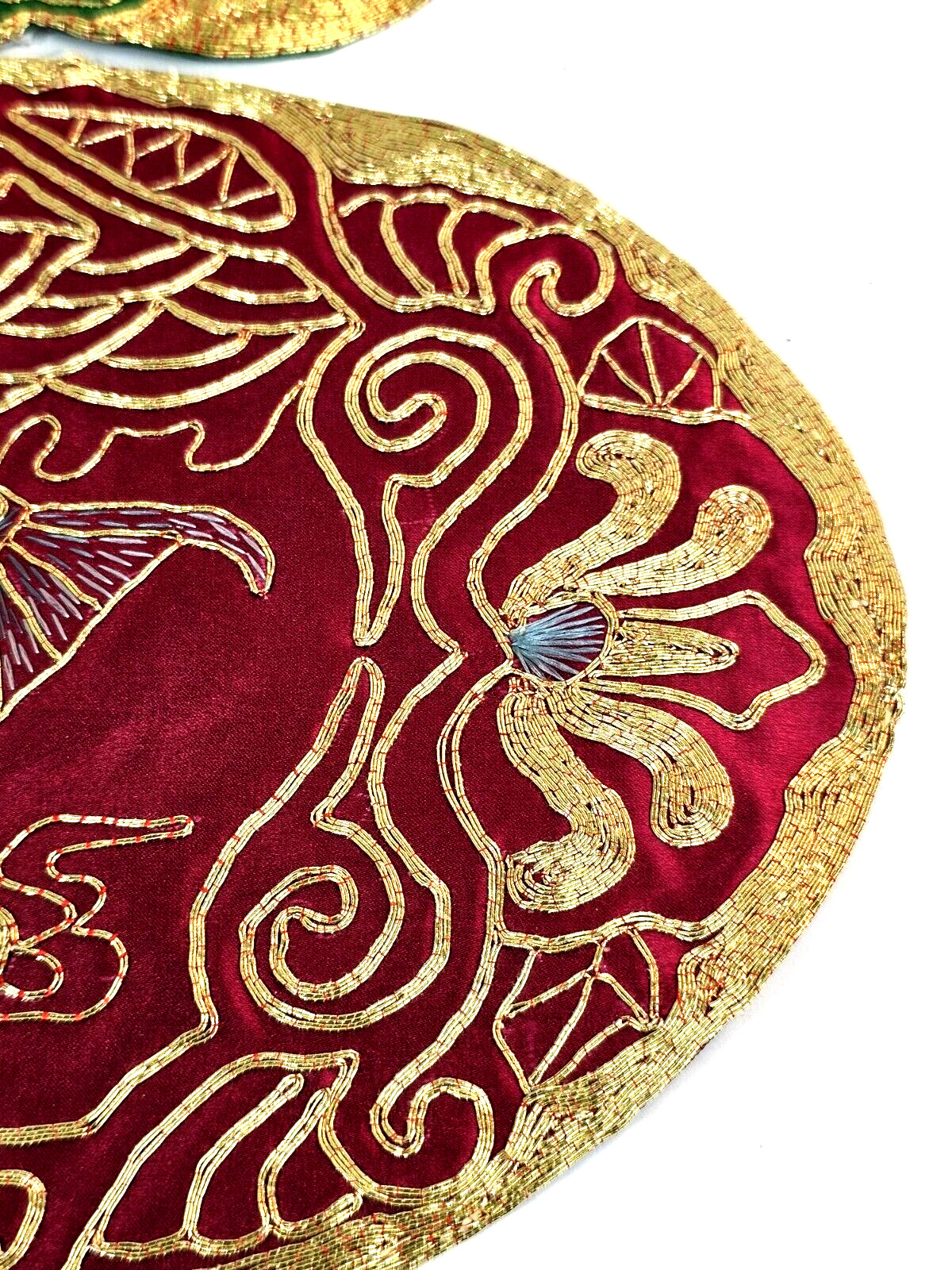 2-VTG Golden Cloud Chinese Hand Embroidered Gold Thread Silk Fish Doily Mats