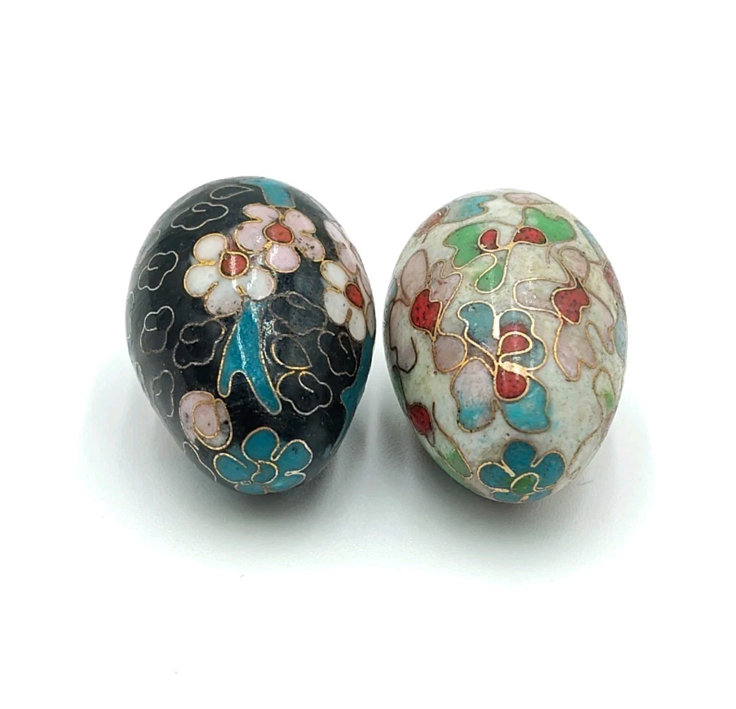 2 Vintage Miniature Chinese Cloisonne Enamel Eggs 1.1/4″ Floral Asian Home Decor