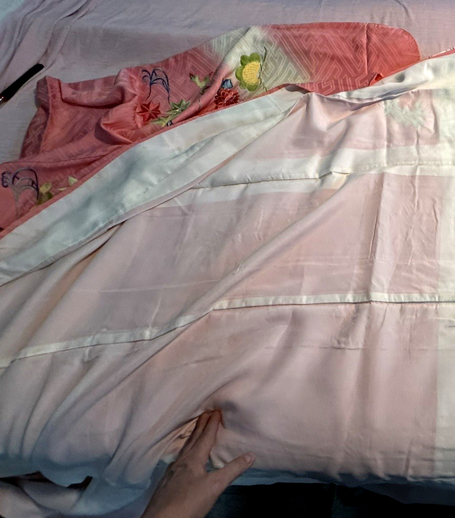 Vintage Japanese Coral Pink heavy Floral Embroidery Silk Furisode silk Lining