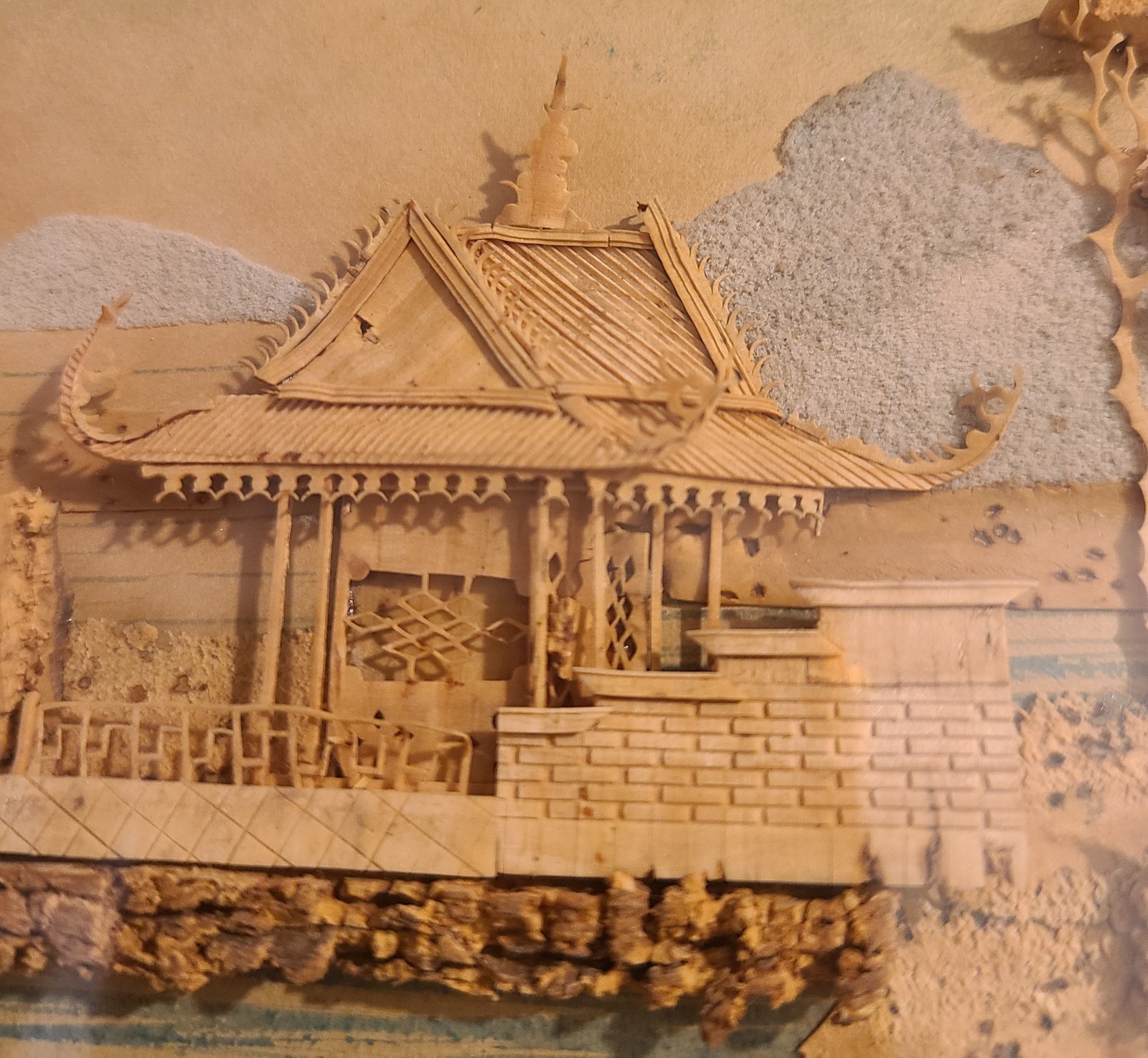 Vtg Chinese Hand Carved Cork Diorama Under Glass Frame Artwork 8.5×6.5″