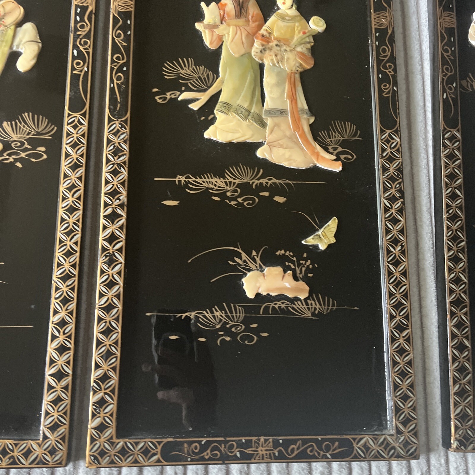 4 Asian/Oriental Hanging Wall Panels Mother Of Pearl Black Lacquer 36”X12” (READ