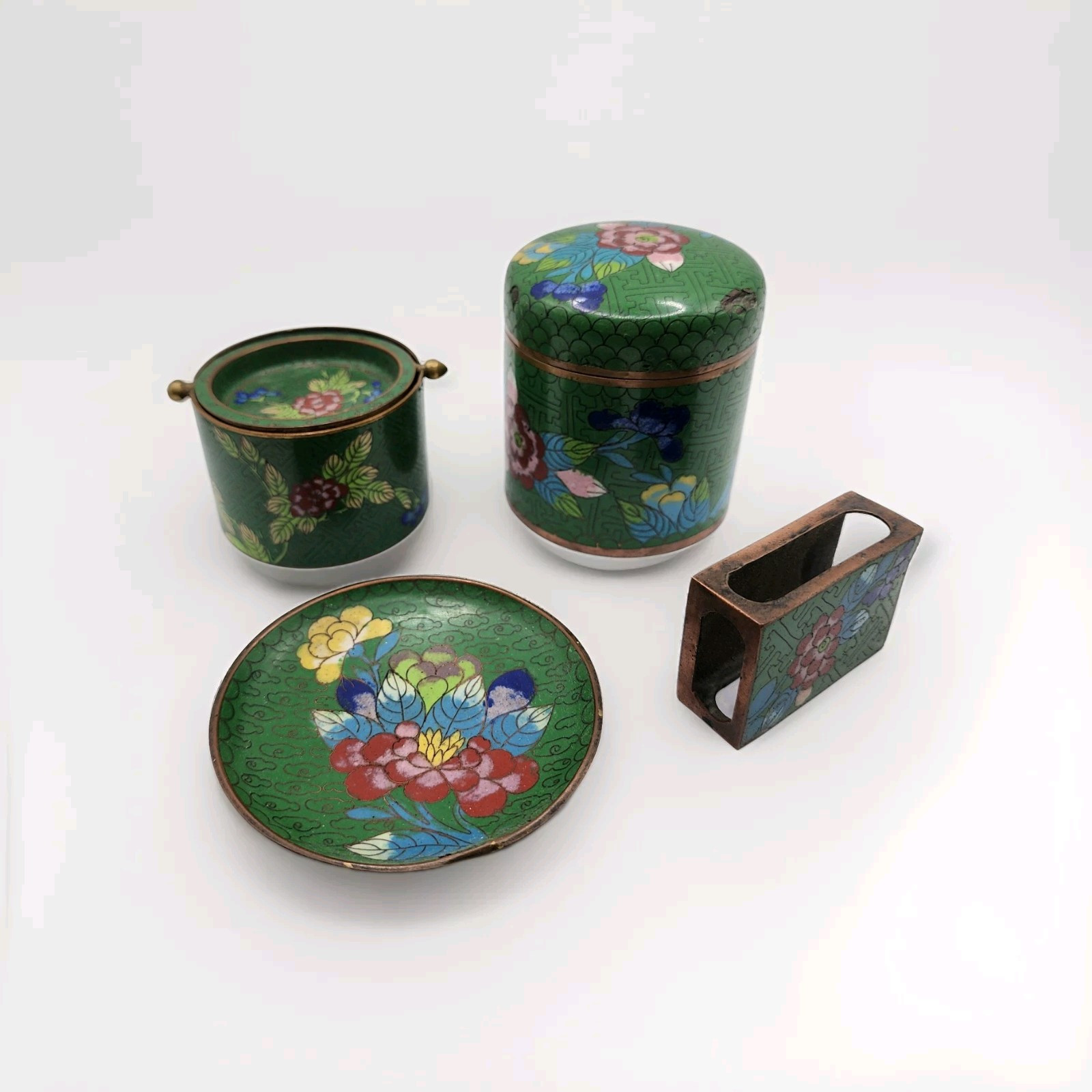 Vtg Green Chinese Lidded Cigarette Matches Ashtray Cloisonné Set Blue Enamel