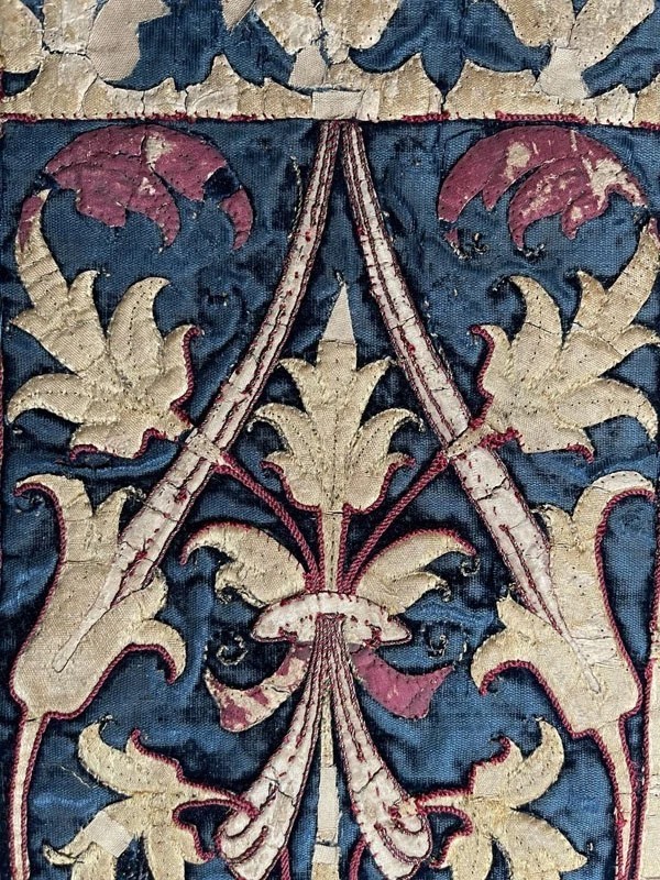 RARE VERY OLD EUROPIAN SILK EMBROIDERED AND APPLIQUED WITH ARABESQUES