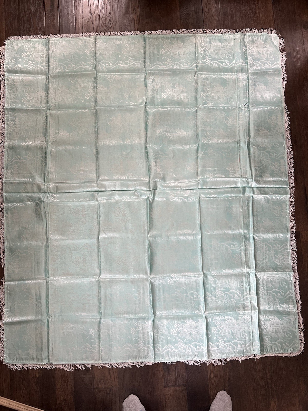 Vtg BROCADED Silky Ice Blue Tablecloth Cover Reversible China Fringe 50×60” MCM