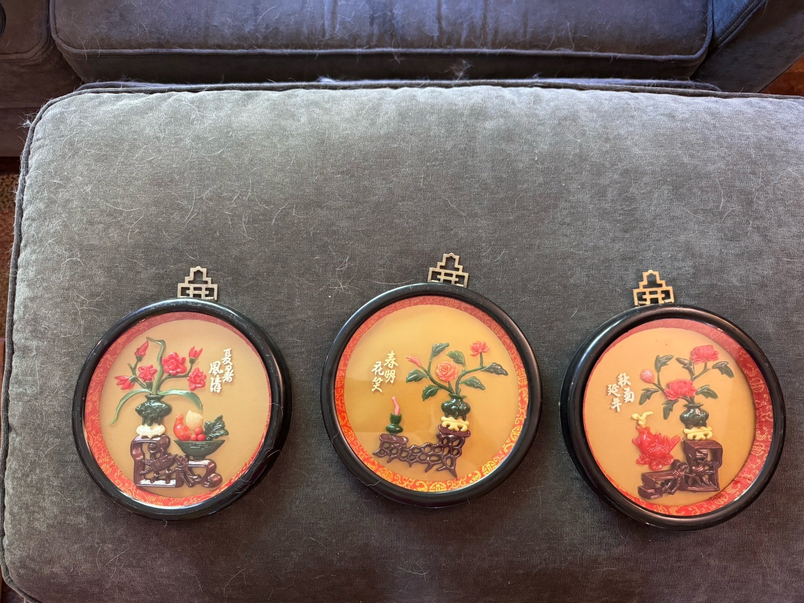 VTG Faux Jade Asian Wall Plaque 7″ Round Flowers Set Of 3 Home Decor Taiwan