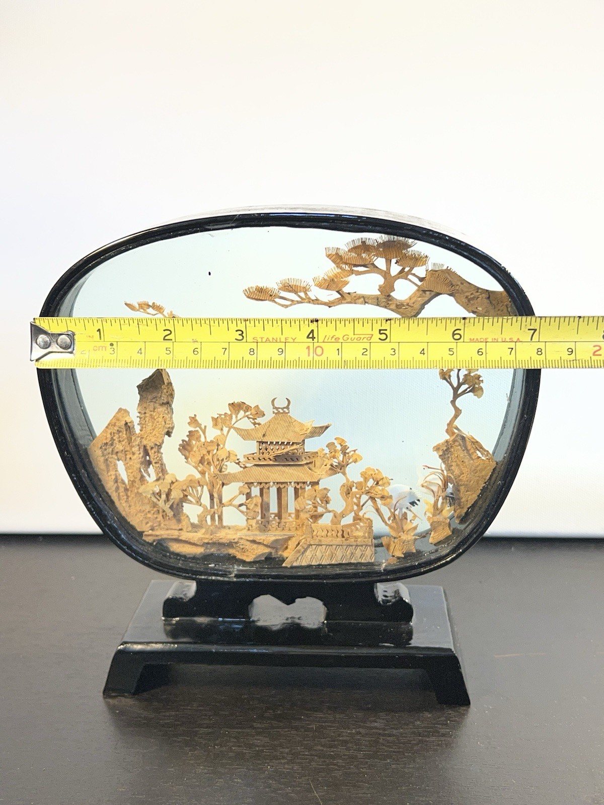 VTG Chinese Hand Carved Cork Diorama Shadow Box Asian Art Pagoda Cranes Trees