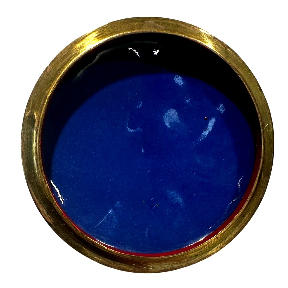 Antique Chinese Cinnabar Ornate Red Trinket Box Blue Enameled Brass Exquisite