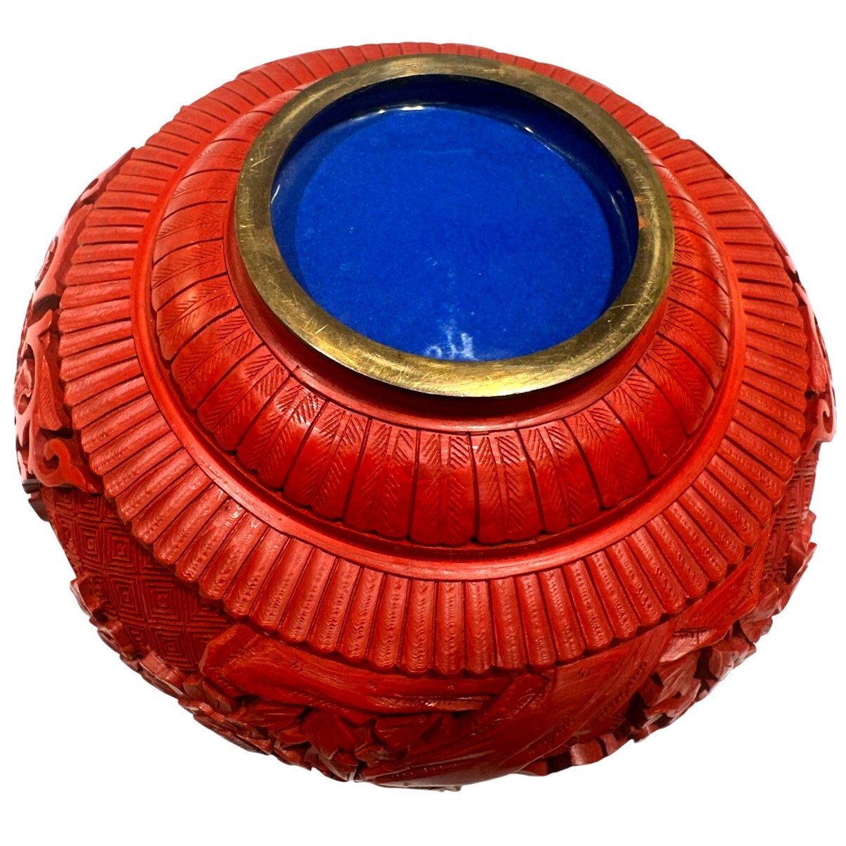 Antique Chinese Cinnabar Ornate Red Trinket Box Blue Enameled Brass Exquisite