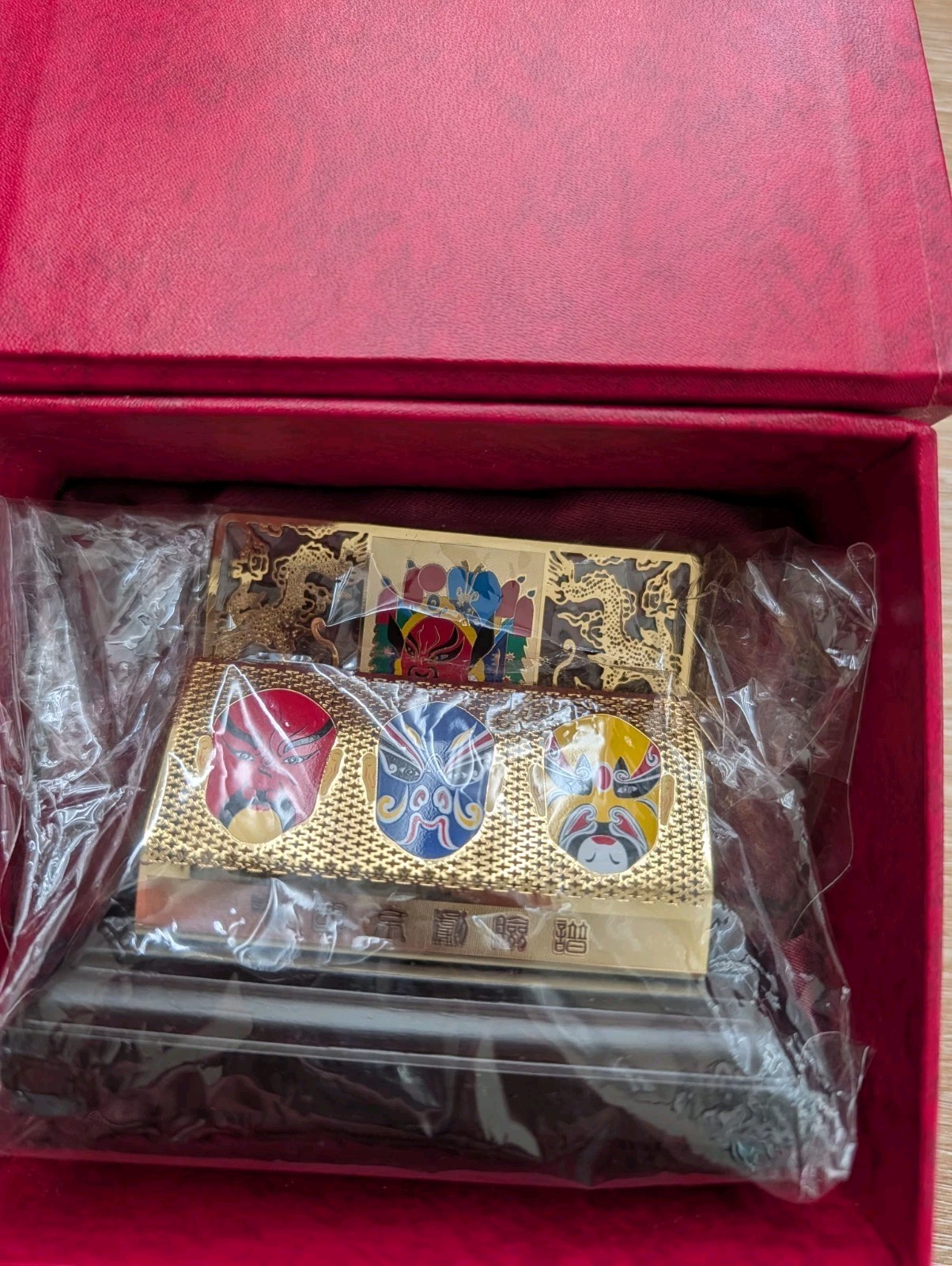 Chinese Peking Opera Mask Desk Business Card Holder Gold Dragon Red Gift Box New