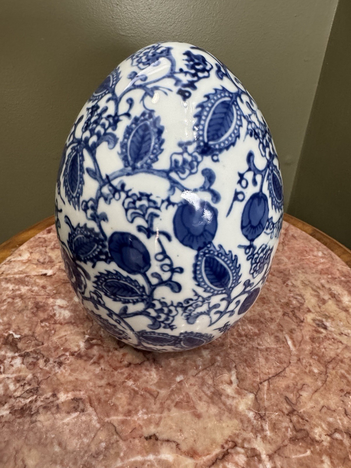 Large 8” Tall vintage blue and white Chinese porcelain egg
