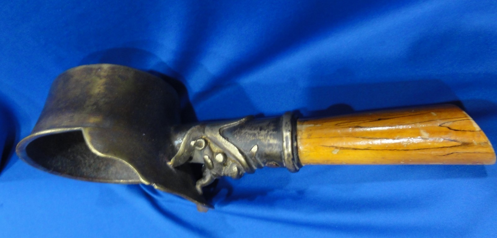 ANTIQUE CHINESE BRONZE CHARCOAL SILK IRON, HEAVY DUTY, 13.75” LONG, WOOD HANDLE