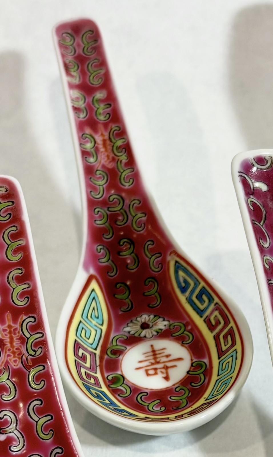 Vintage Chinese Famille Rose Mun Shou Porcelain Spoons Red Set of 6