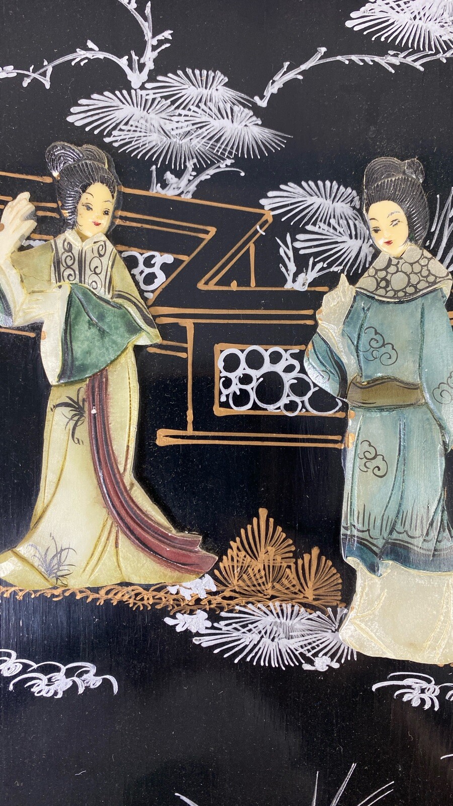 Vtg Lacquered Macau Black Wall Panels Mother of Pearl Decoration Asian Set 3