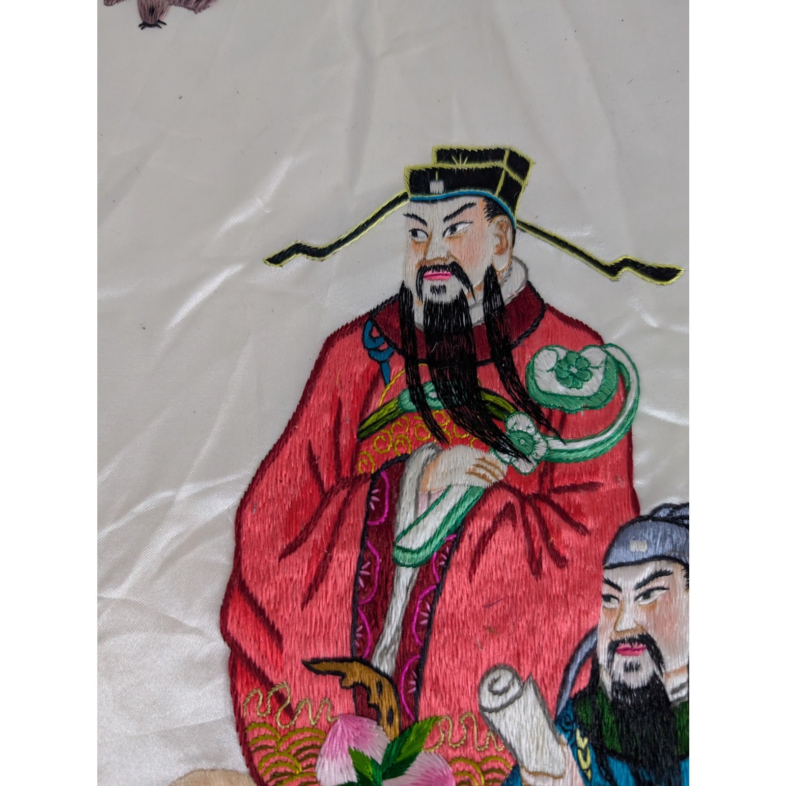 Vintage Chinese Hand Embroidered Three Immortals Fu Lu Shou Tapestry 23x14in