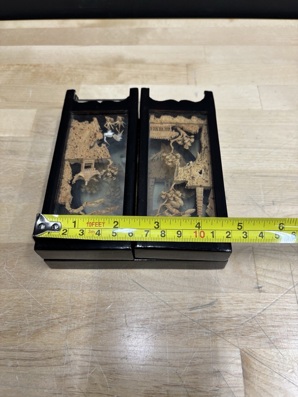 Vintage Chinese Cork Art Hand Carved Tri-Fold Diorama Box Pagoda Trees Cranes