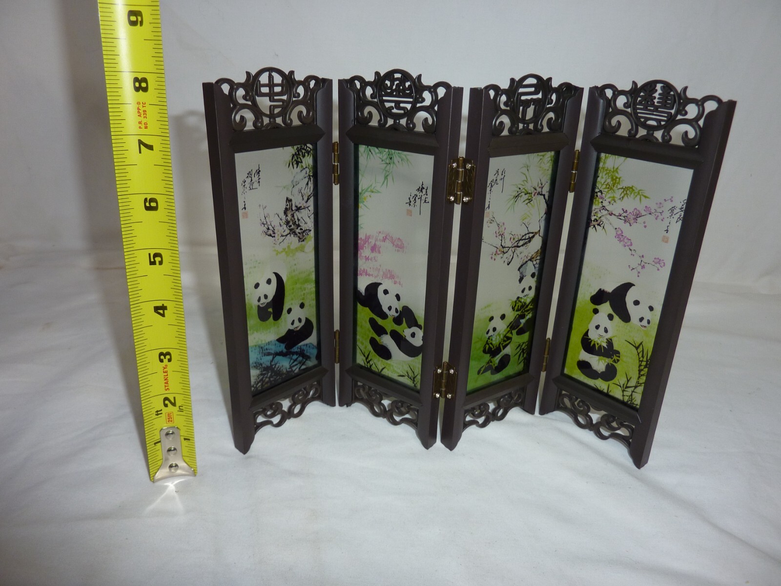 VTG Chinese 4-Panel Ornate Folding Tabletop Screen Panda Pandas On Painted Glass