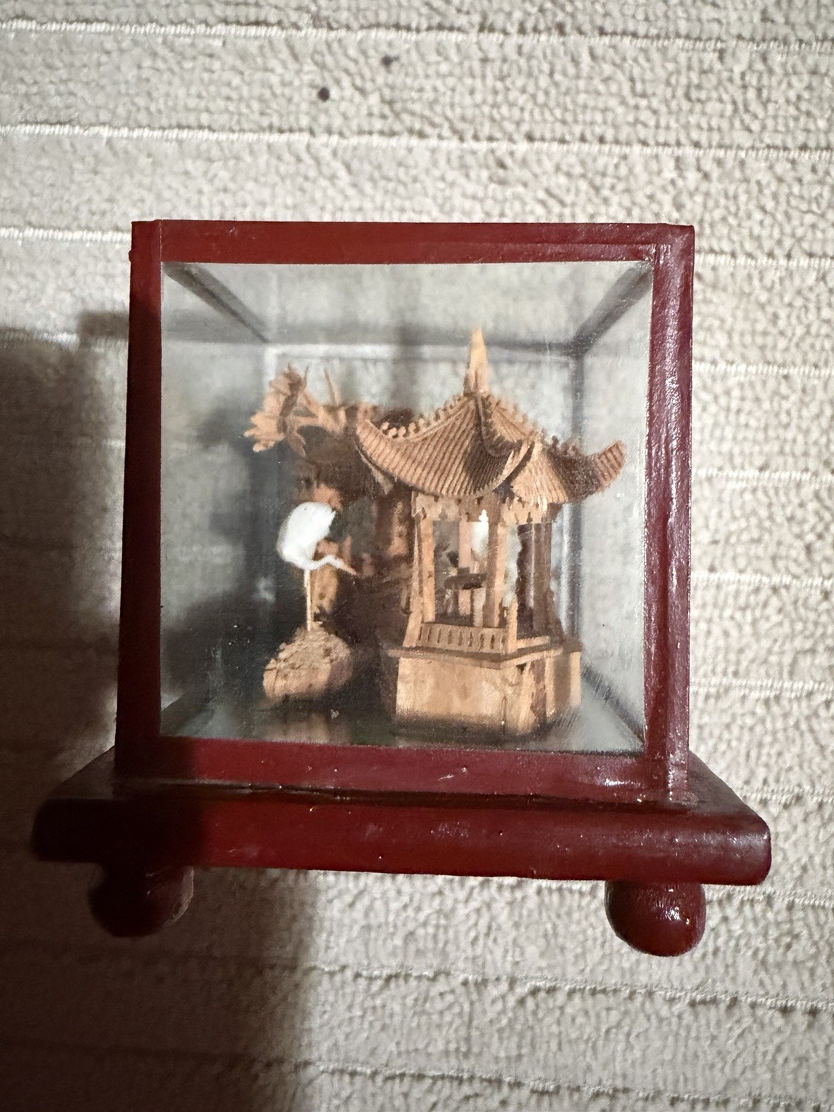 Vintage Chinese Mini Carved Cork Scene In Glass Case