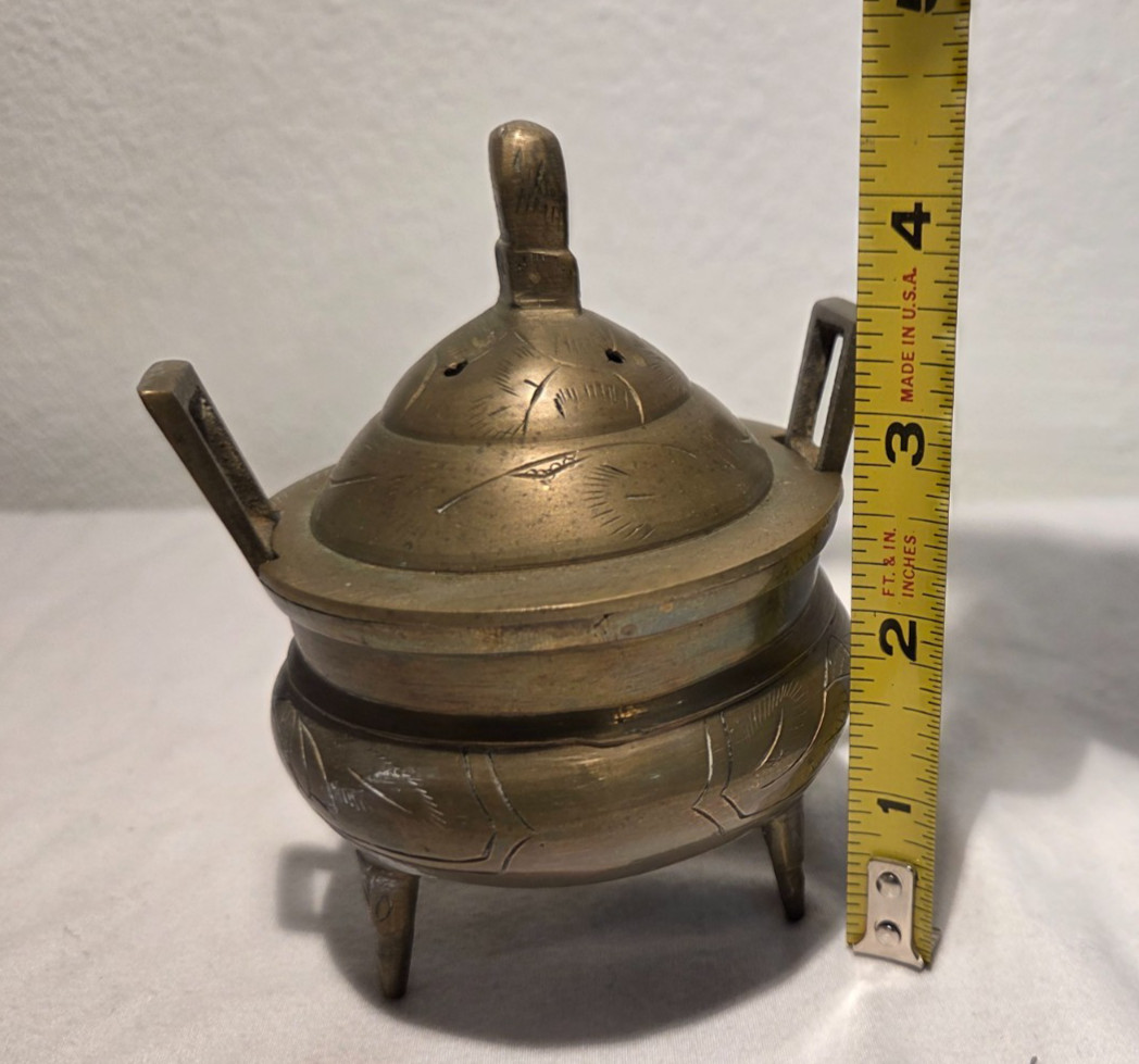 Vintage Marked & etched Chinese Brass Tri-Footed Incense Burner Holder