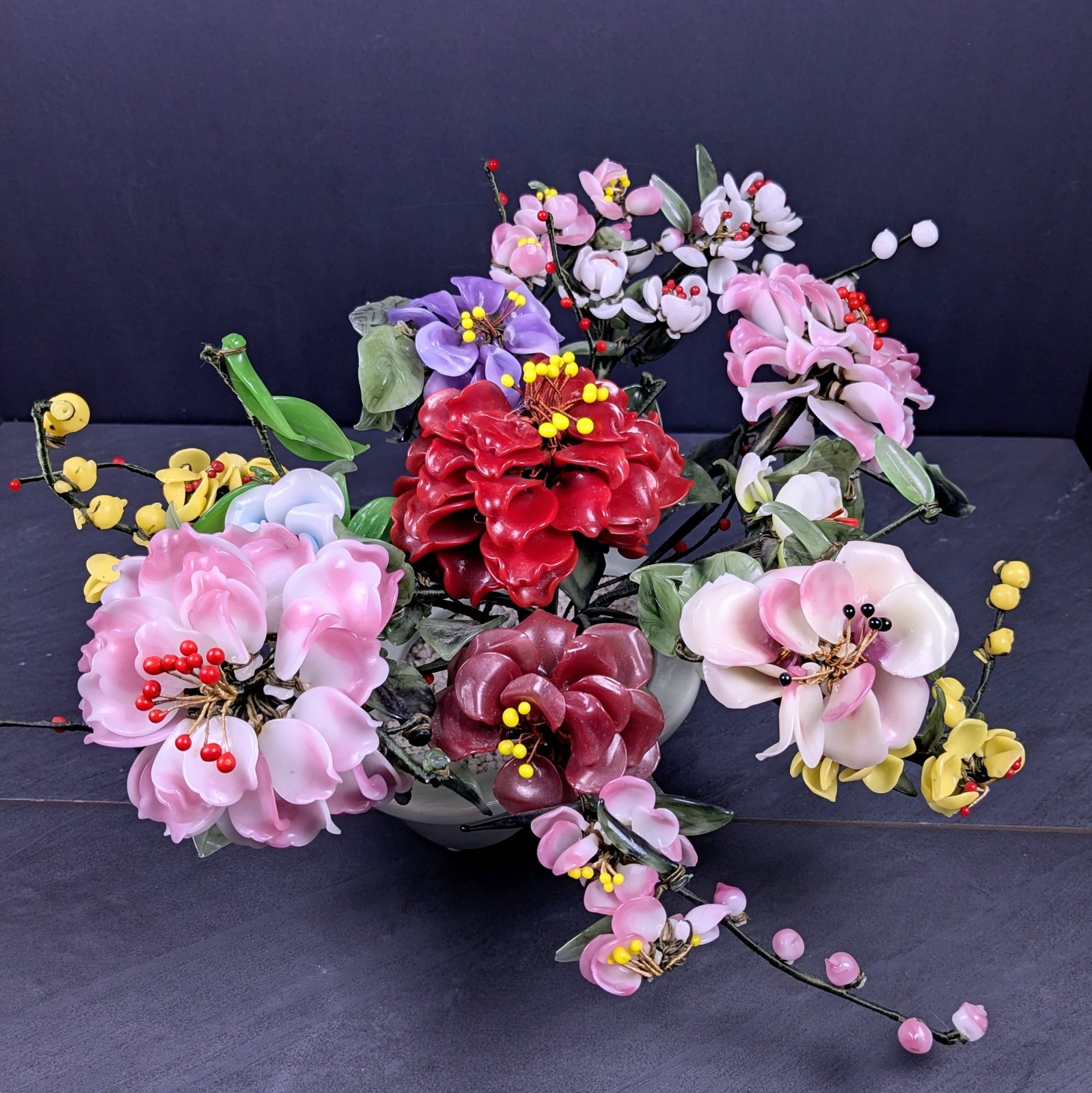 Vintage Jade Style Glass Flower Arrangement Asian Bonsai Planter Pink Red Purple