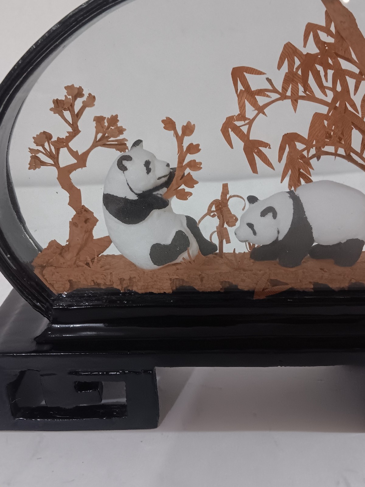 Chinese Panda Diorama, Vintage Cork Art, Wood Shadowbox Art# 320