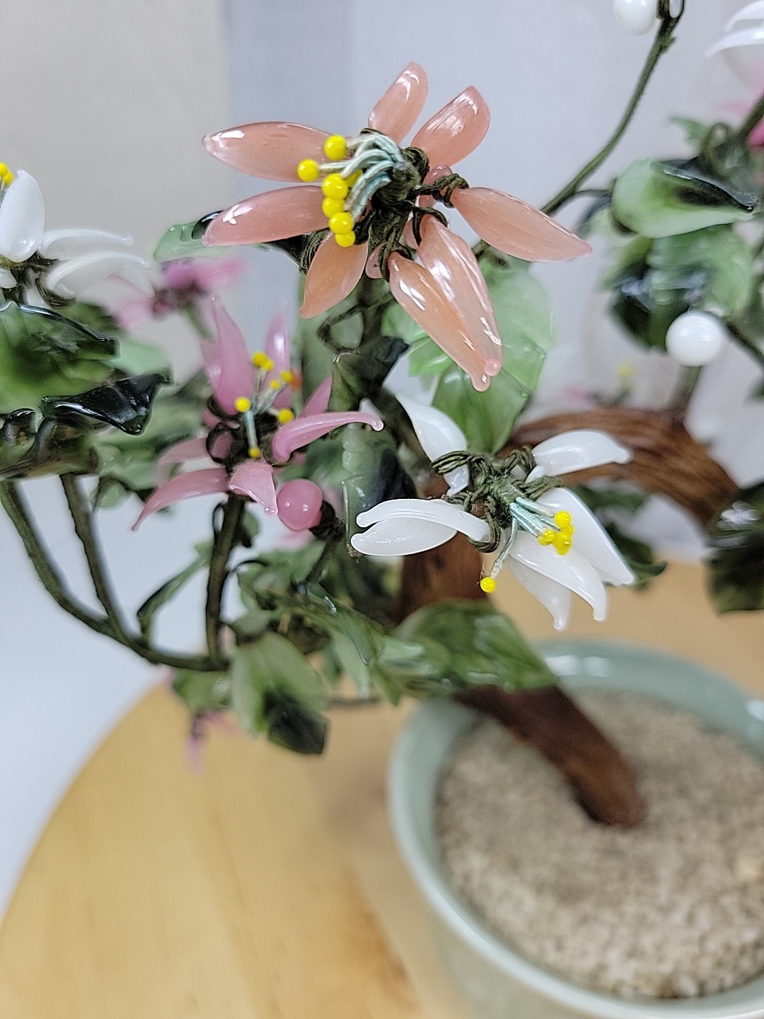 VTG Chinese Flowering Plastic Glass Jade Bonsai Tree Celadon Porcelain Cachepot