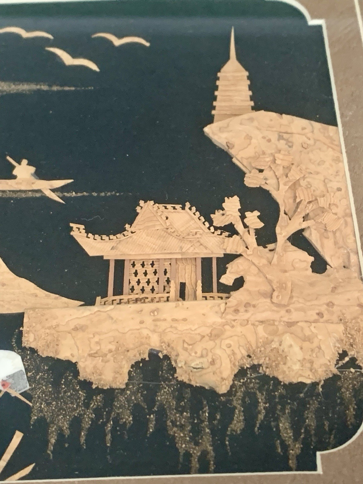 Vintage Asian Chinese Hand Carved Cork Art Diorama Pagoda Cranes 3D Framed