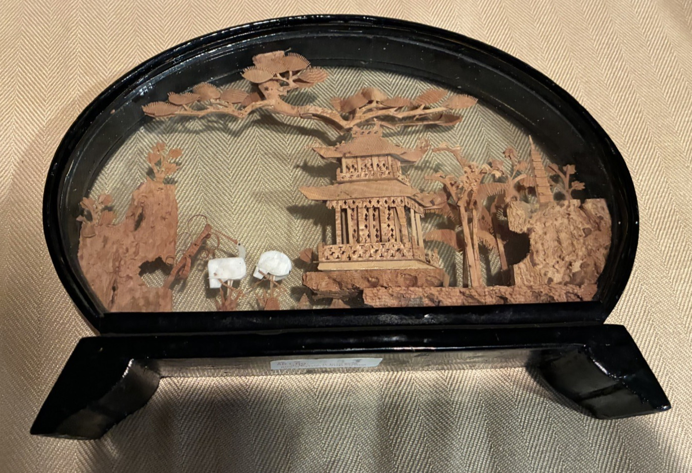 Chinese Hand Carved Cork Enclosed Diorama Art Sculpture, Black Lacquer frame