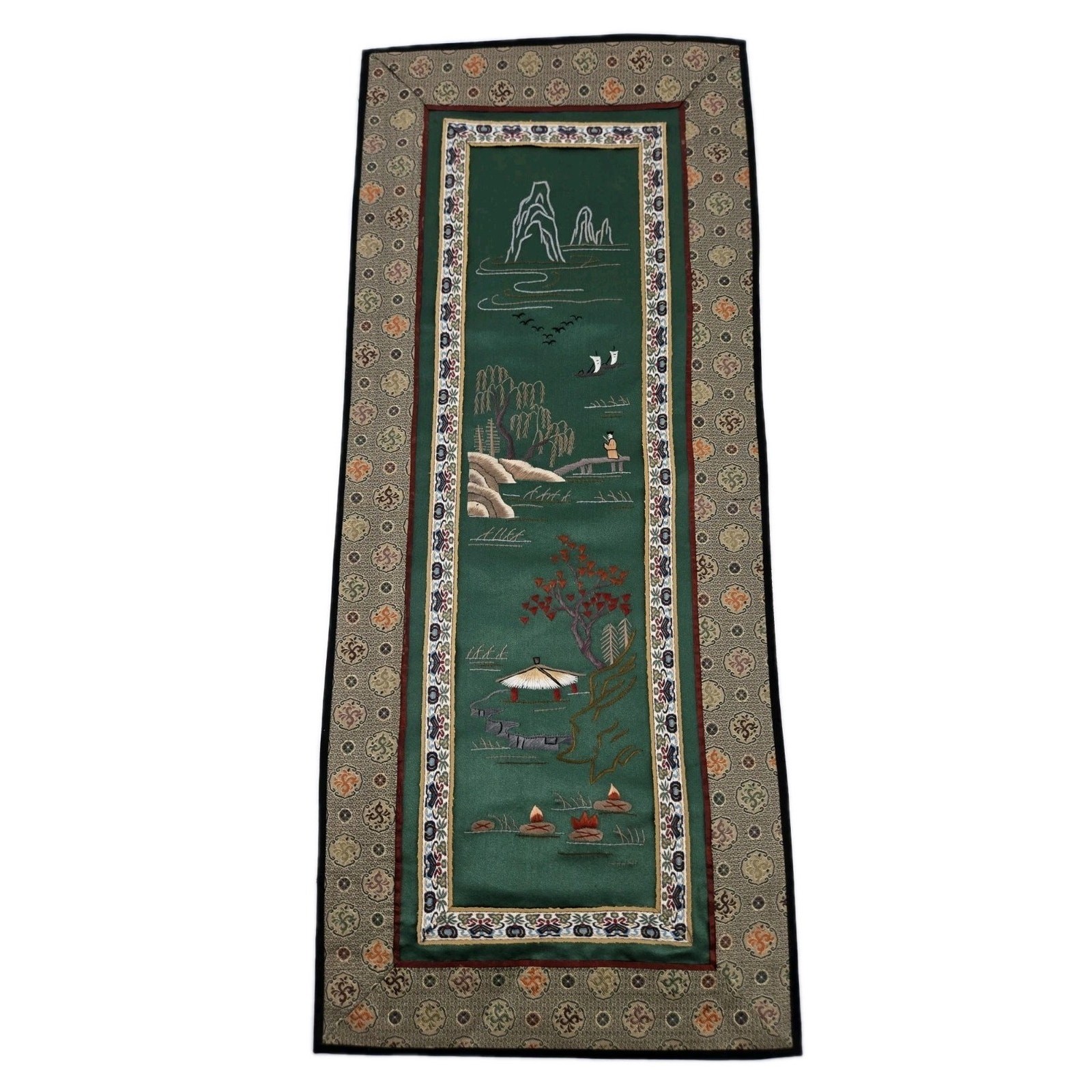 Vintage Chinese Hand Embroidered Silk Pagoda Tapestry Decorative Fabric Panel
