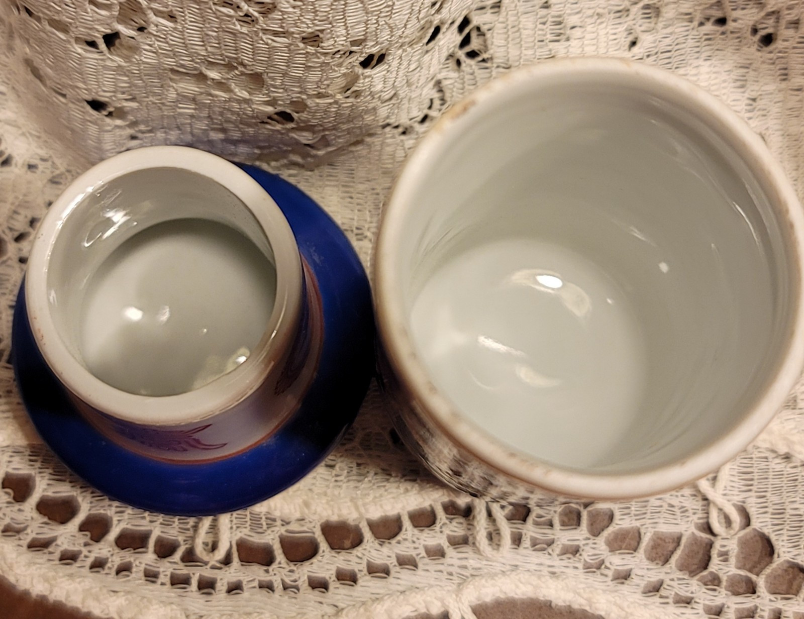 VTG Pretty Asian Porcelain 2-Piece Toothpick Holder Vessel Handpainted Signed