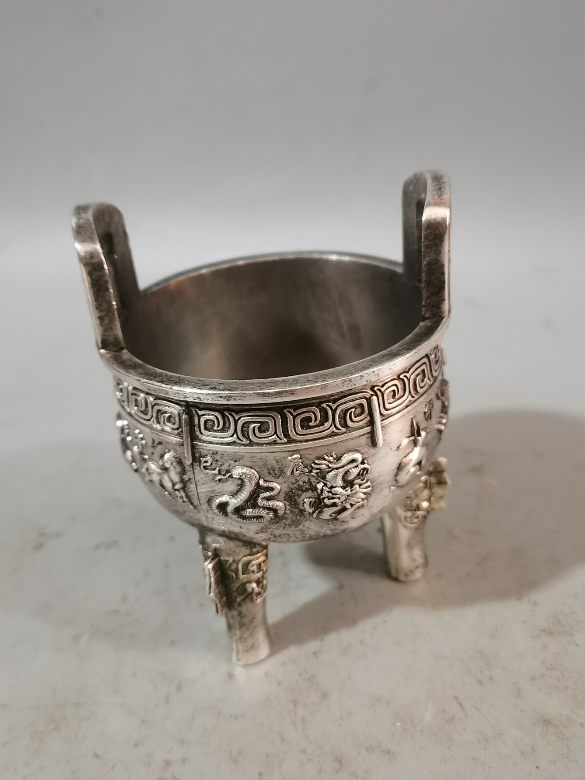 4″ tibet silver copper carved 12 Zodiac animals Three legs ding Incense Burner