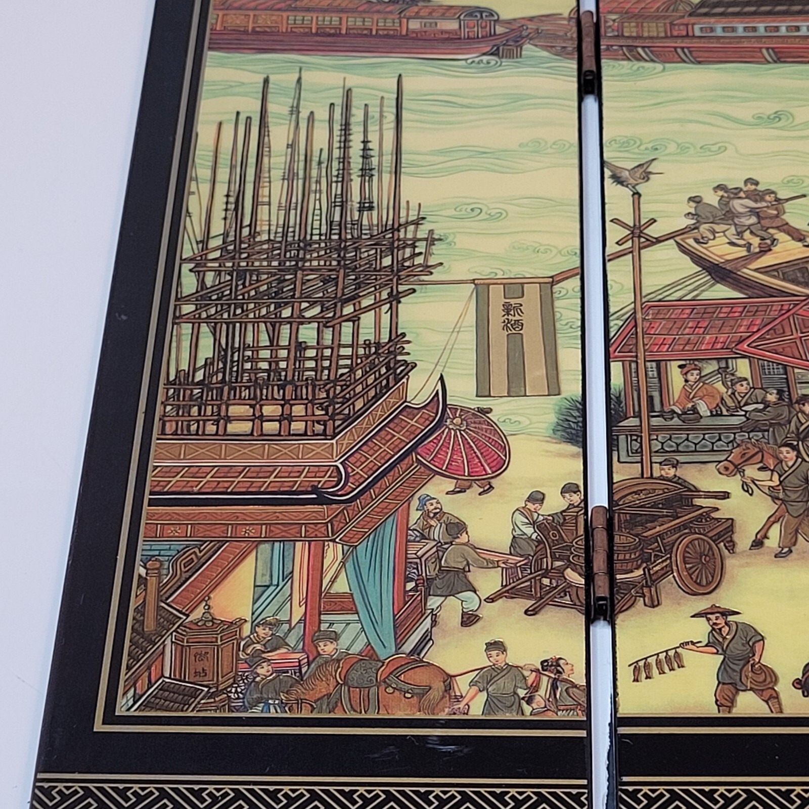 Asian Tabletop Folding Screen 4 Panels 2 Sided Festival Scene Acrylic 9.5×18″