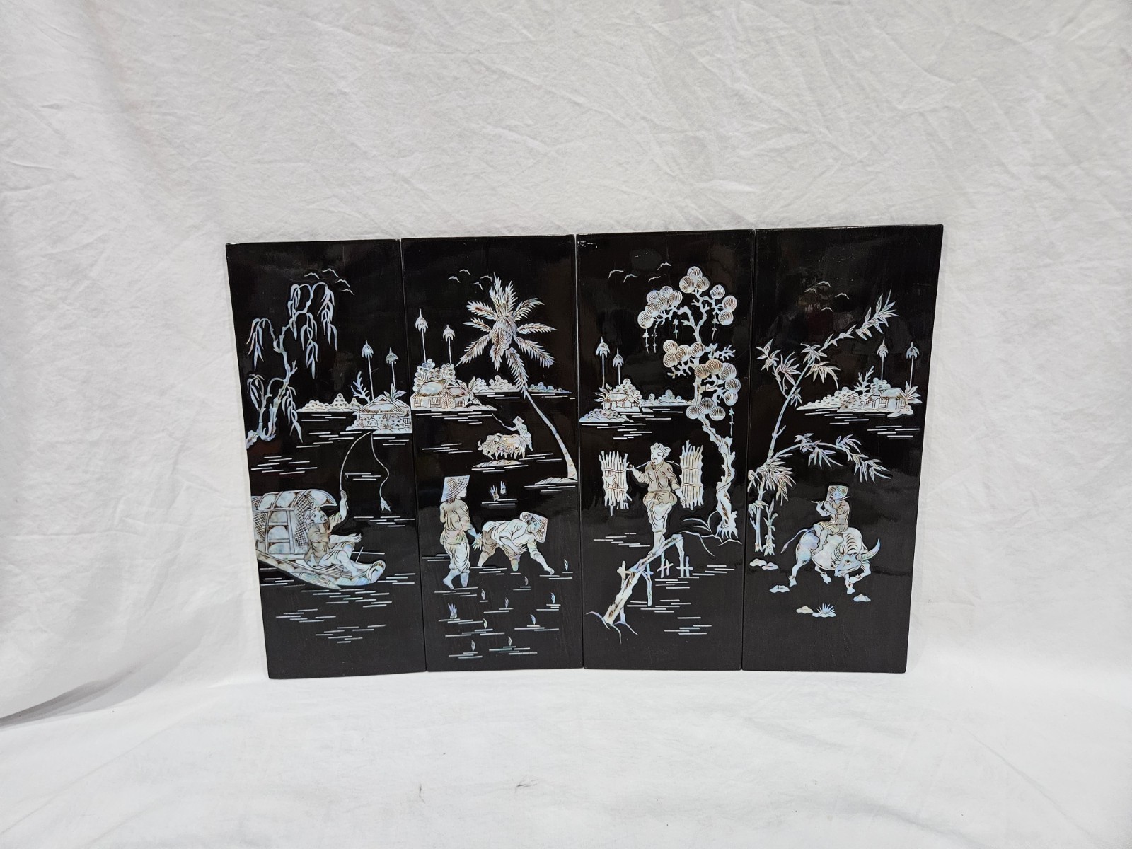 Vintage Asian Black Lacquer Mother of Pearl Inlay Wall Panels Set of 4