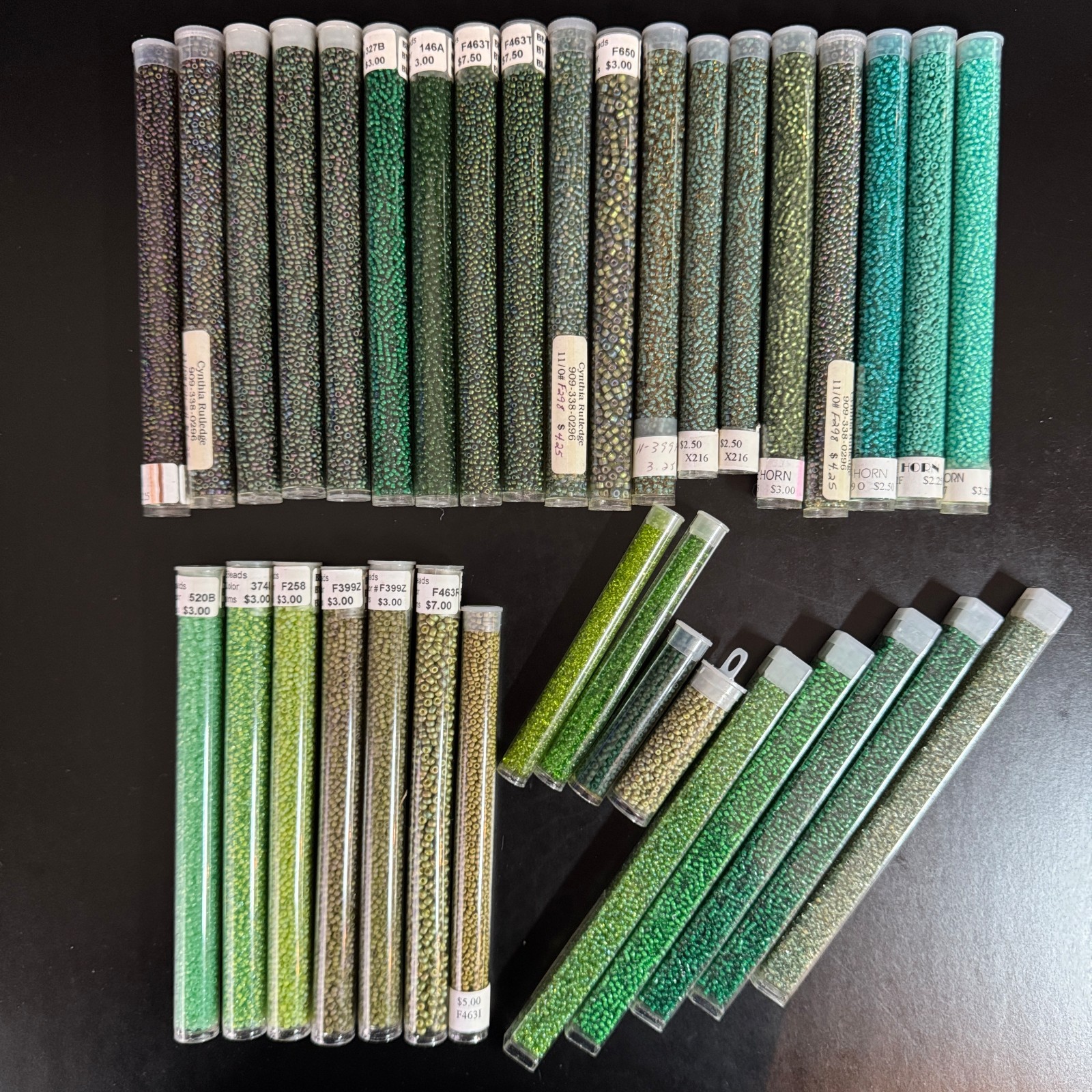Glass Seed Bead Lot – 35 Tubes – Verdigris Greens – Different Sizes NOS