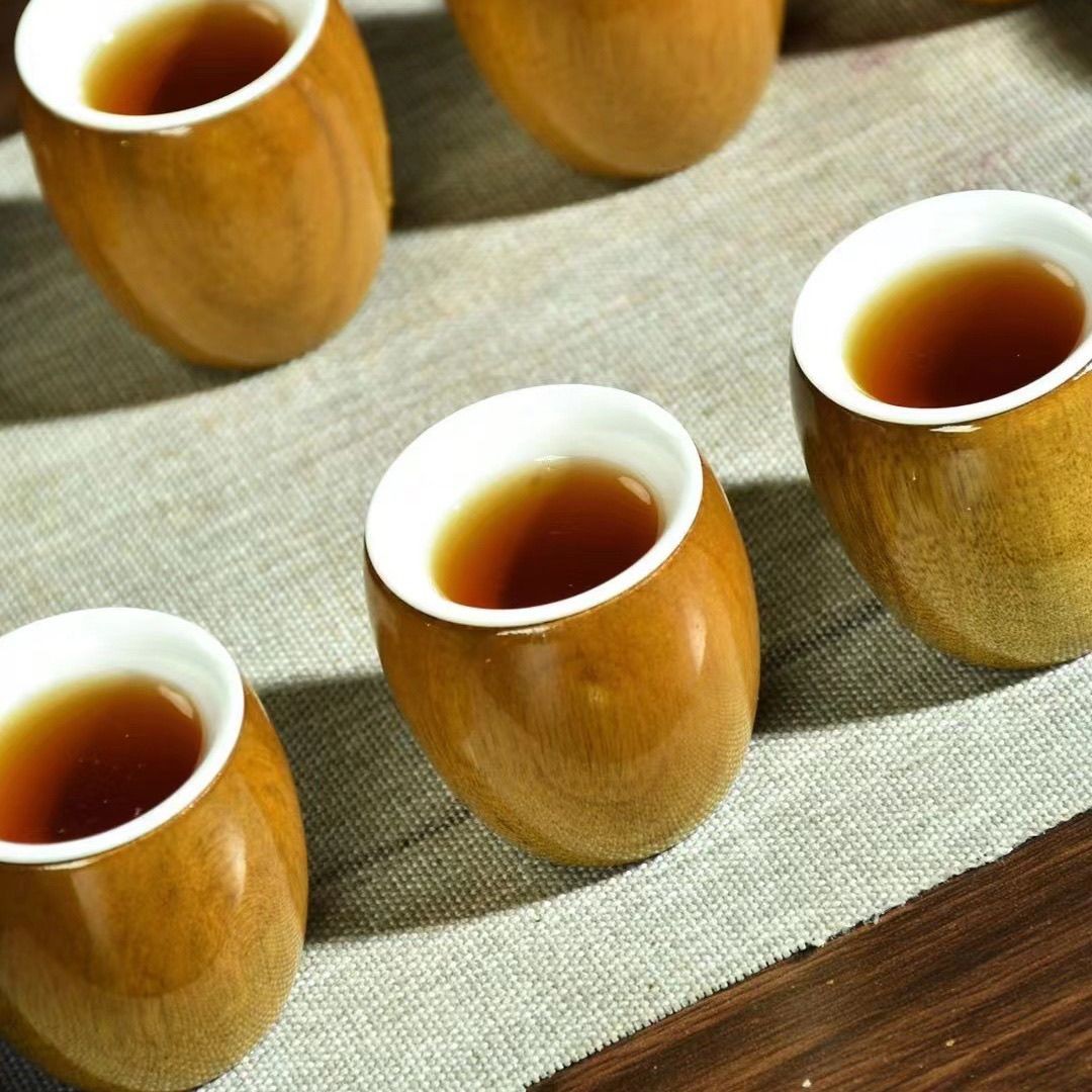 1 Pcs Golden Nanmu Tea Cup 4.6×4.8cm Ceramic Lined Wine Cup Natural Wood