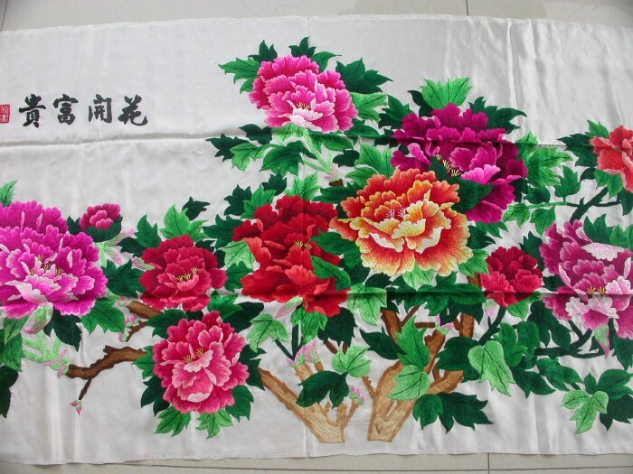 Chinese 100% hand embroideried silk Xiang (hunan) embroidery art:Peony 153cm