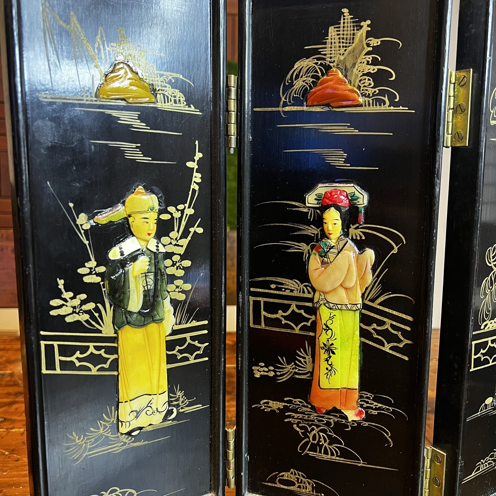 Vintage Mini Asian Chinese Lacquer Table Top Folding Screen Carved Stones Rare
